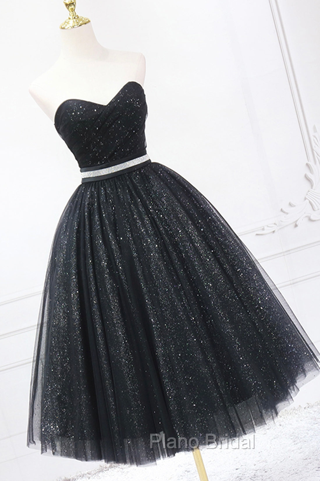 Black Strapless Shiny Tulle Tea Length Formal Prom Dresses, Black A-Line Homecoming Dresses Secondary image