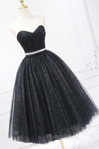Black Strapless Shiny Tulle Tea Length Formal Prom Dresses, Black A-Line Homecoming Dresses