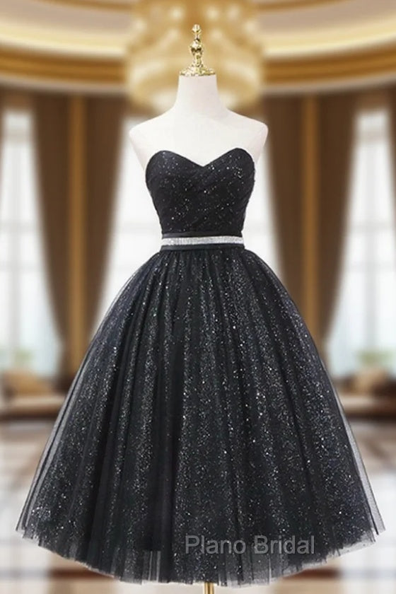 Black Strapless Shiny Tulle Tea Length Formal Prom Dresses, Black A-Line Homecoming Dresses Main image