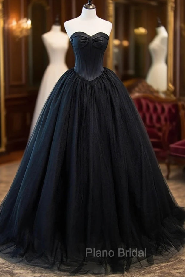Black Strapless Tulle Long A-Line Formal Prom Dresses, Black Formal Evening Gown