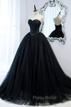 Black Strapless Tulle Long A-Line Formal Prom Dresses, Black Formal Evening Gown