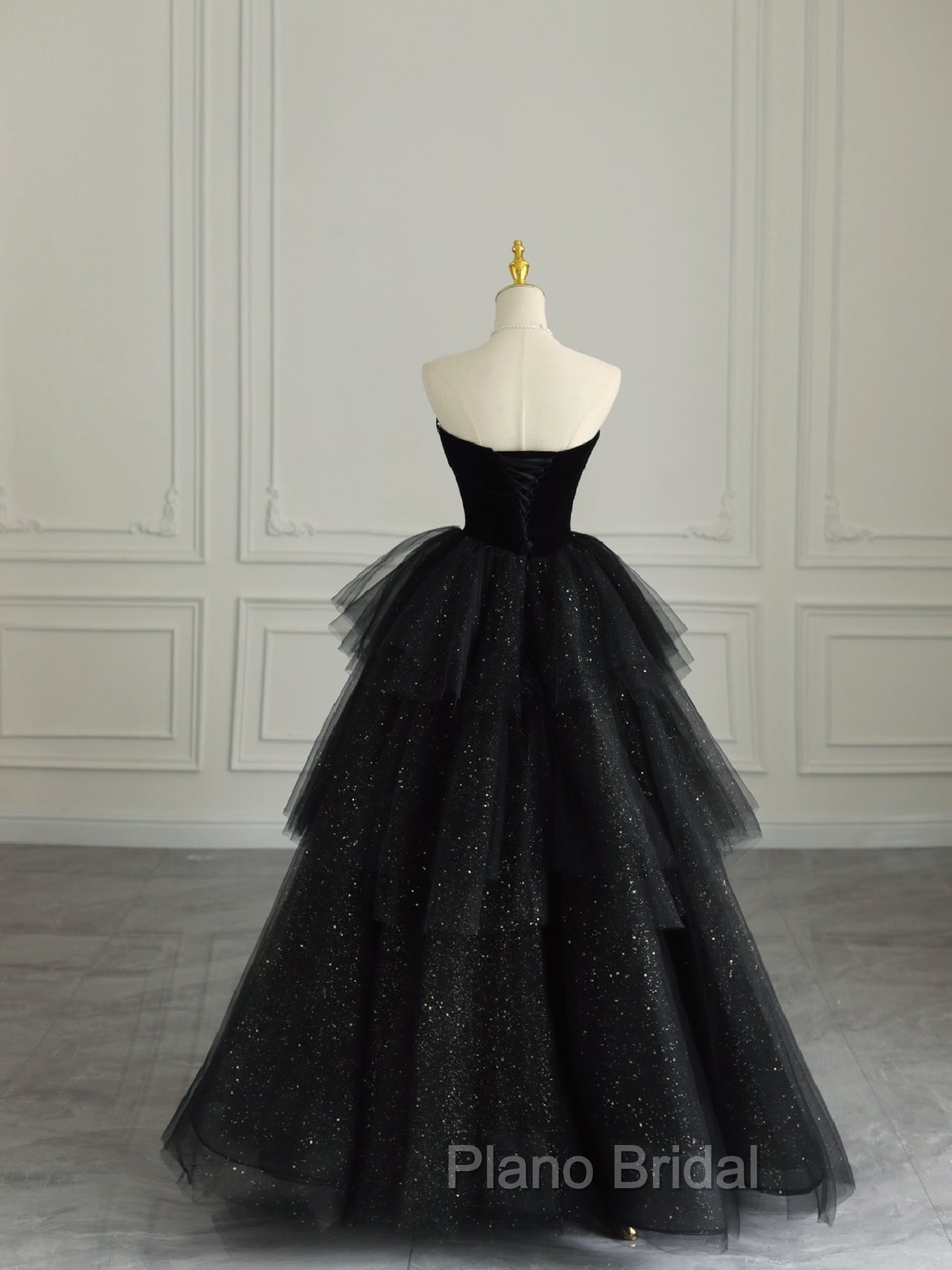 Black Strapless Layered Velvet Tulle Long Formal Prom Dresses Evening Dresses Secondary image