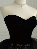 Black Strapless Layered Velvet Tulle Long Formal Prom Dresses Evening Dresses