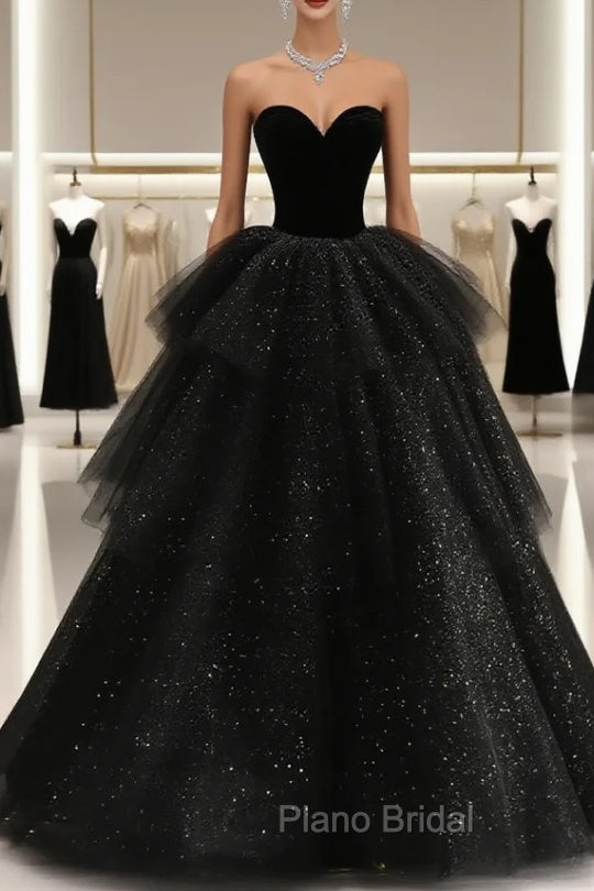 Black Strapless Layered Velvet Tulle Long Formal Prom Dresses Evening Dresses