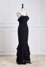 Black Straps Ruffle Multi-Layer Chiffon Maxi Dresses