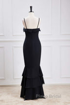 Black Straps Ruffle Multi-Layer Chiffon Maxi Dresses
