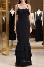 Black Straps Ruffle Multi-Layer Chiffon Maxi Dresses