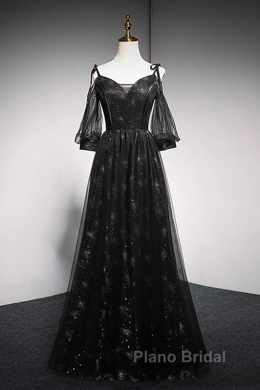 Black Straps Tulle Long Party Dresses With Sleeves Evening Dresses, Black A-Line Formal Prom Dresses Party Dresses Secondary image
