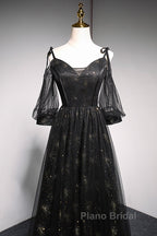 Black Straps Tulle Long Party Dresses With Sleeves Evening Dresses, Black A-Line Formal Prom Dresses Party Dresses