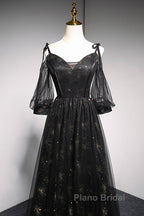 Black Straps Tulle Long Party Dresses With Sleeves Evening Dresses, Black A-Line Formal Prom Dresses Party Dresses
