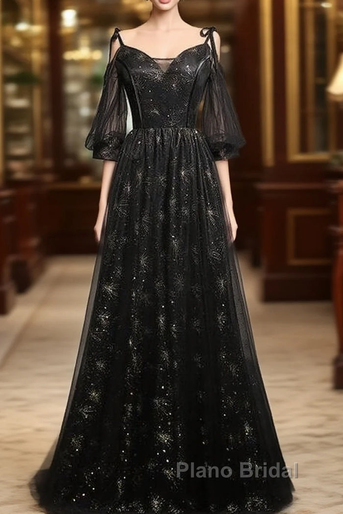 Black Straps Tulle Long Party Dresses With Sleeves Evening Dresses, Black A-Line Formal Prom Dresses Party Dresses