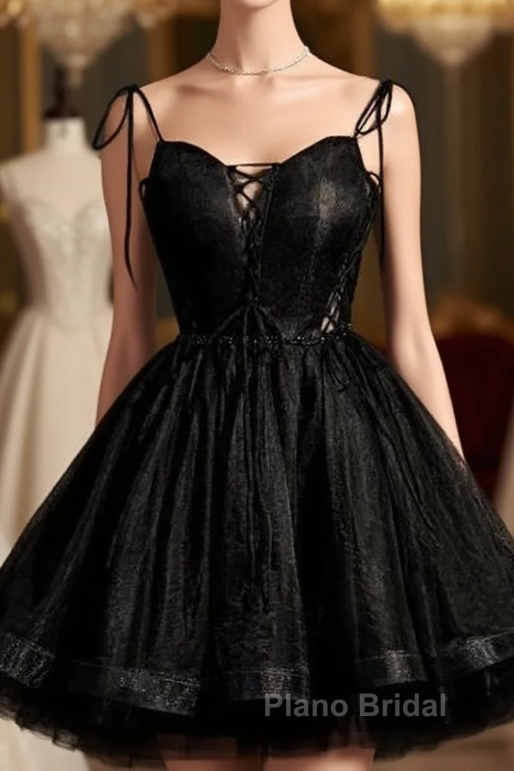 Black Straps Tulle Short Homecoming Dresses Formal Prom Dresses, Little Black Party Dresses Main image