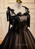 Black Straps Tulle with Lace Long Formal Dresses, Black A-line Formal Prom Dresses