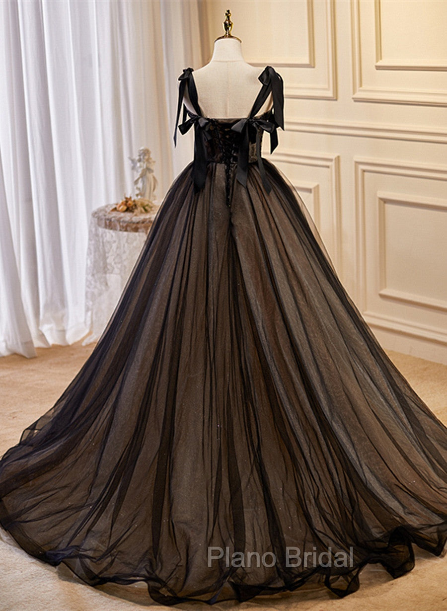 Black Straps Tulle with Lace Long Formal Dresses, Black A-line Formal Prom Dresses