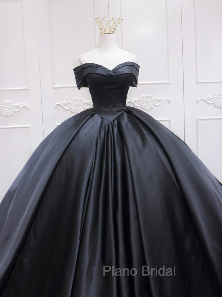 Black Sweetheart Neck Satin Long Formal Prom Gown, Black Sweet 16 Dresses