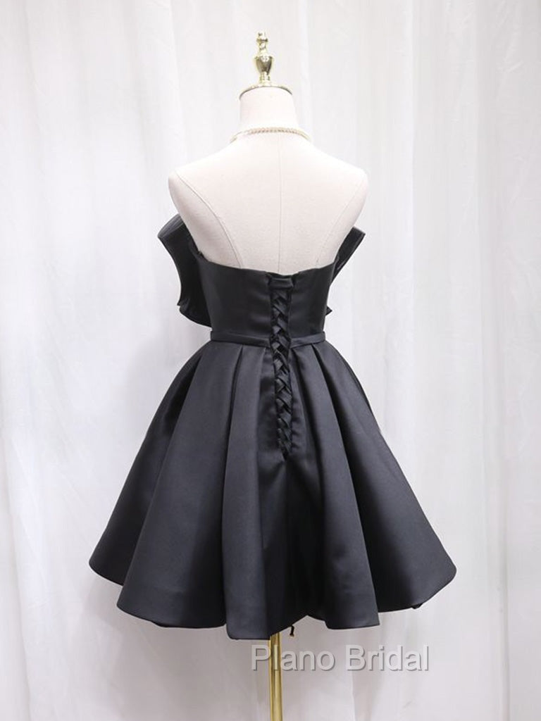 Black Sweetheart Neck Satin Short Formal Prom Dresses, Black Homecoming Dresses