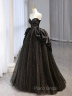 Black Sweetheart Neck Satin Tulle Long Formal Prom Dresses, Black Long Formal Dresses