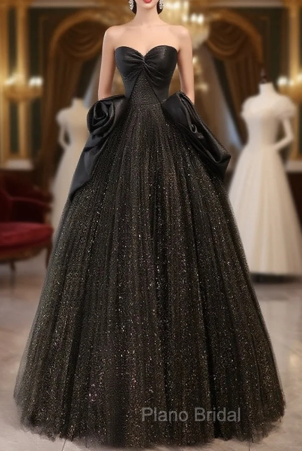 Black Sweetheart Neck Satin Tulle Long Formal Prom Dresses, Black Long Formal Dresses Main image