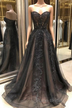 Black sweetheart neck tulle lace long Formal Prom dress, black evening dress