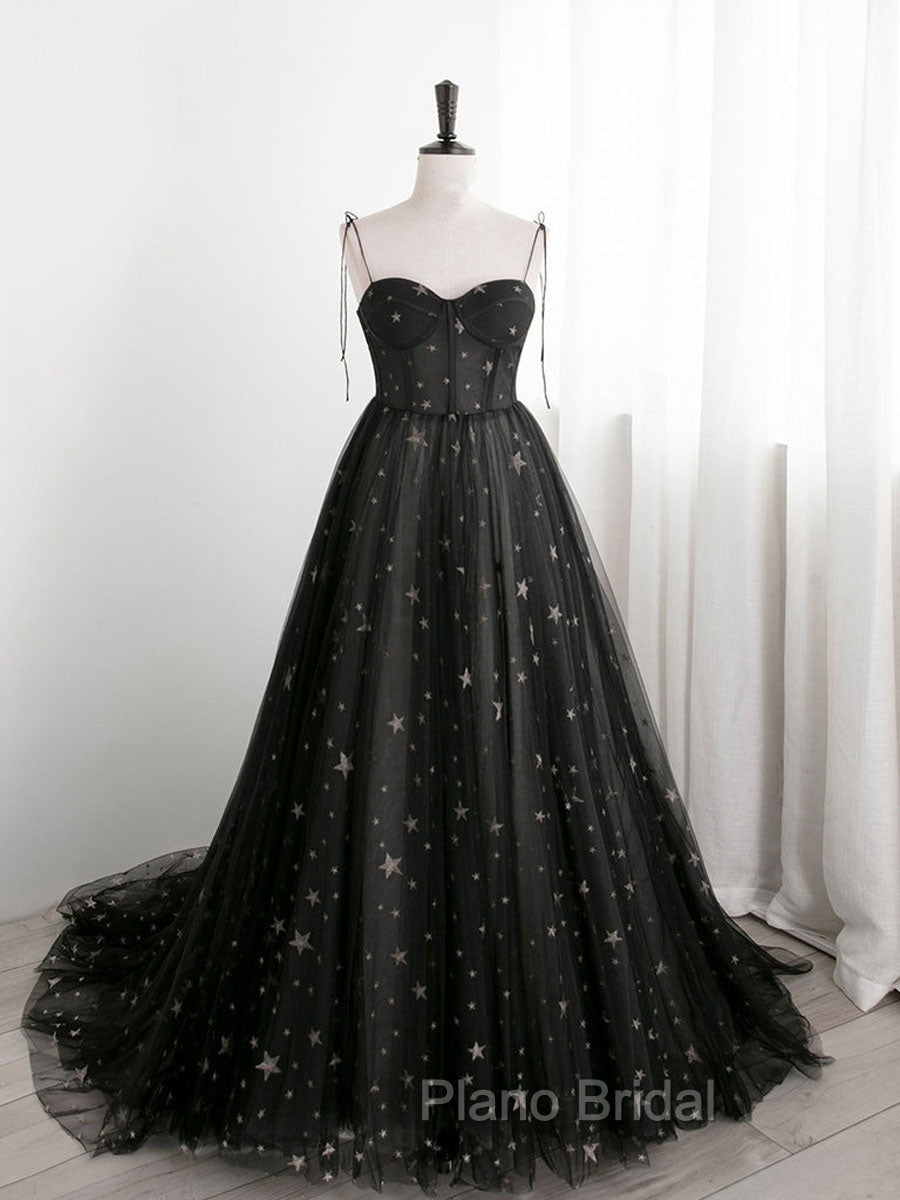 Black Sweetheart Neck Tulle Long Formal Prom Dresses A Line Black Evening Dresses