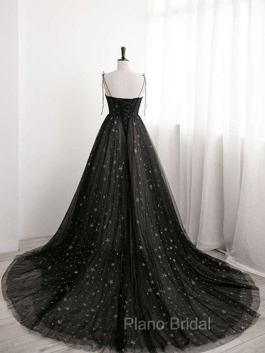 Black Sweetheart Neck Tulle Long Formal Prom Dresses A Line Black Evening Dresses