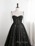 Black Sweetheart Neck Tulle Long Formal Prom Dresses A Line Black Evening Dresses