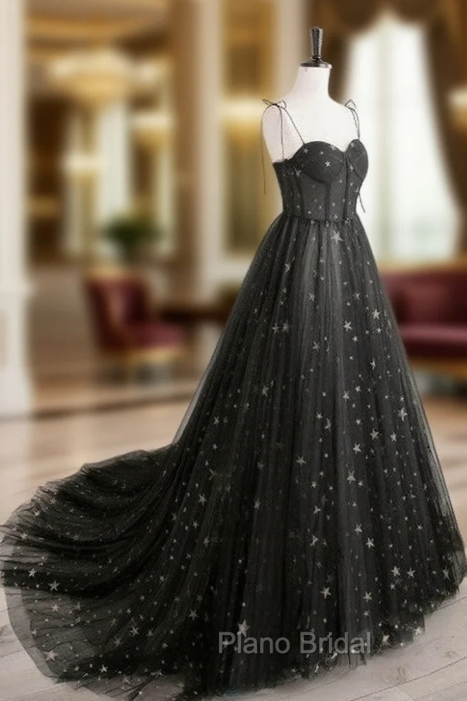 Black Sweetheart Neck Tulle Long Formal Prom Dresses A Line Black Evening Dresses Main image