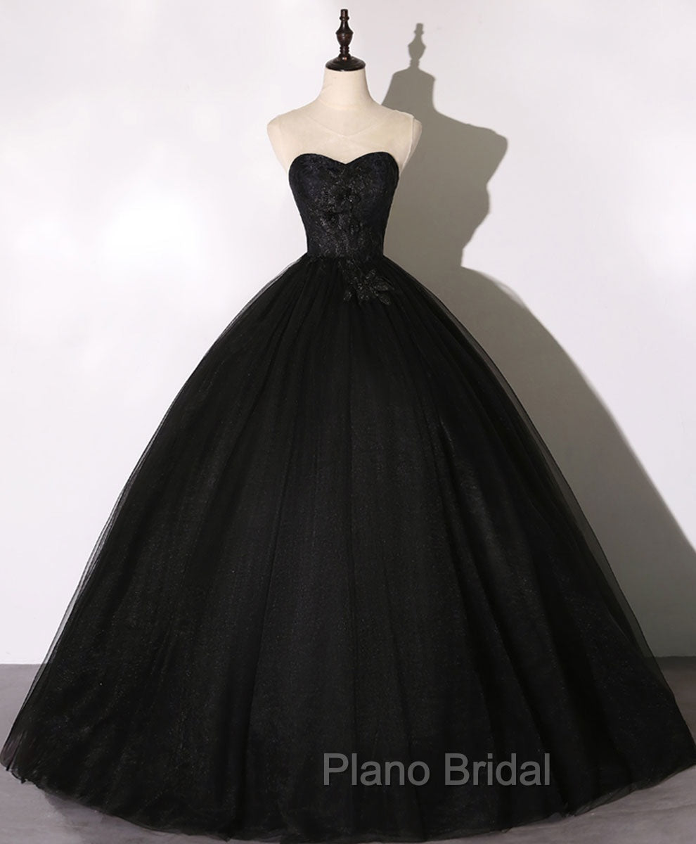 Black Sweetheart Neck Tulle Long Formal Prom Dresses Black Evening Dresses