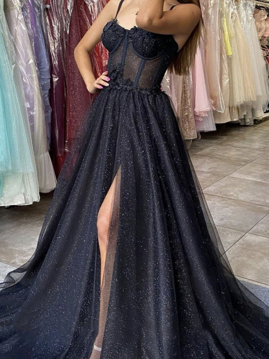 Black Sweetheart Neck Tulle Long Formal Prom Dresses, Black Tulle Formal Evening Dresses