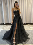 Black Sweetheart Neck Tulle Long Formal Prom Dresses, Black Tulle Formal Evening Dresses