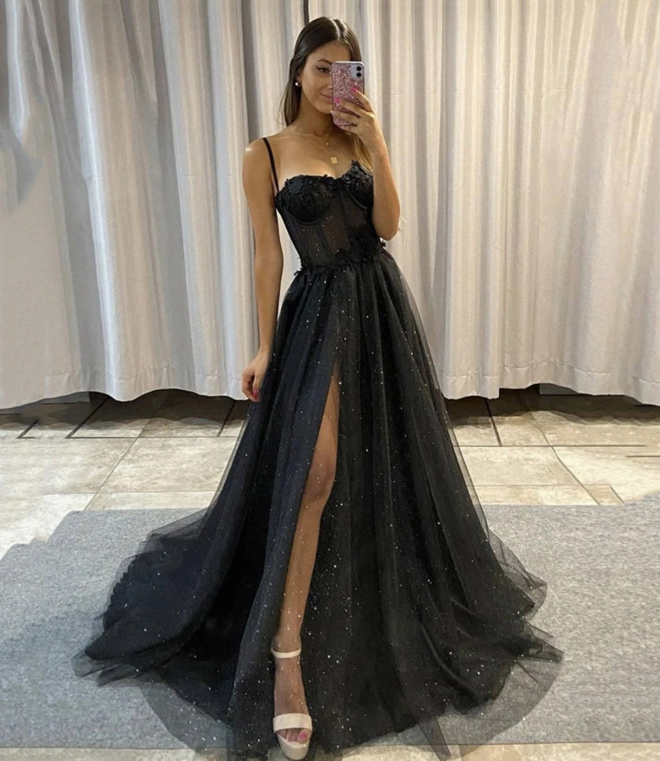 Black Sweetheart Neck Tulle Long Formal Prom Dresses,Black Tulle Formal Evening Dresses,Sparkle Sweetheart Formal Prom Formal Evening Gown