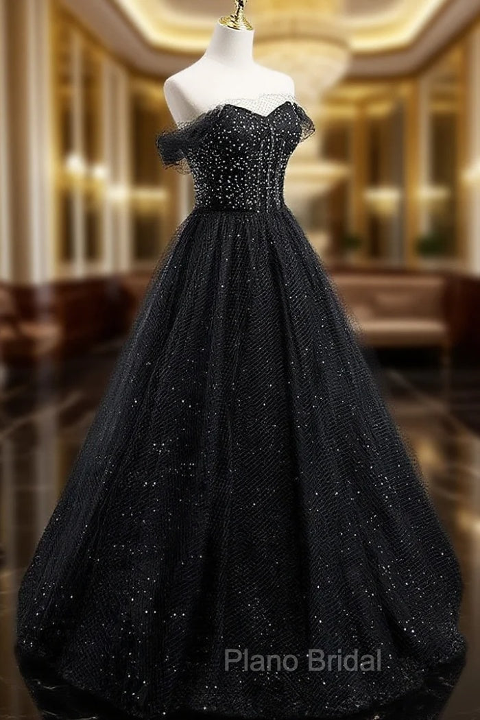 Black Sweetheart Off Shoulder Tulle Long Formal Prom Dresses, Black Evening Dresses