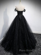 Black Sweetheart Off Shoulder Tulle Long Formal Prom Dresses, Black Evening Dresses