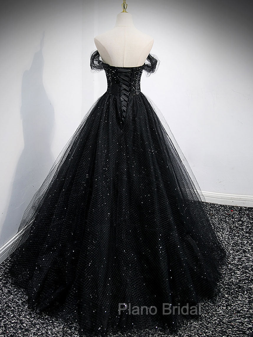Black Sweetheart Off Shoulder Tulle Long Formal Prom Dresses, Black Evening Dresses