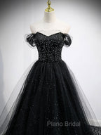 Black Sweetheart Off Shoulder Tulle Long Formal Prom Dresses, Black Evening Dresses