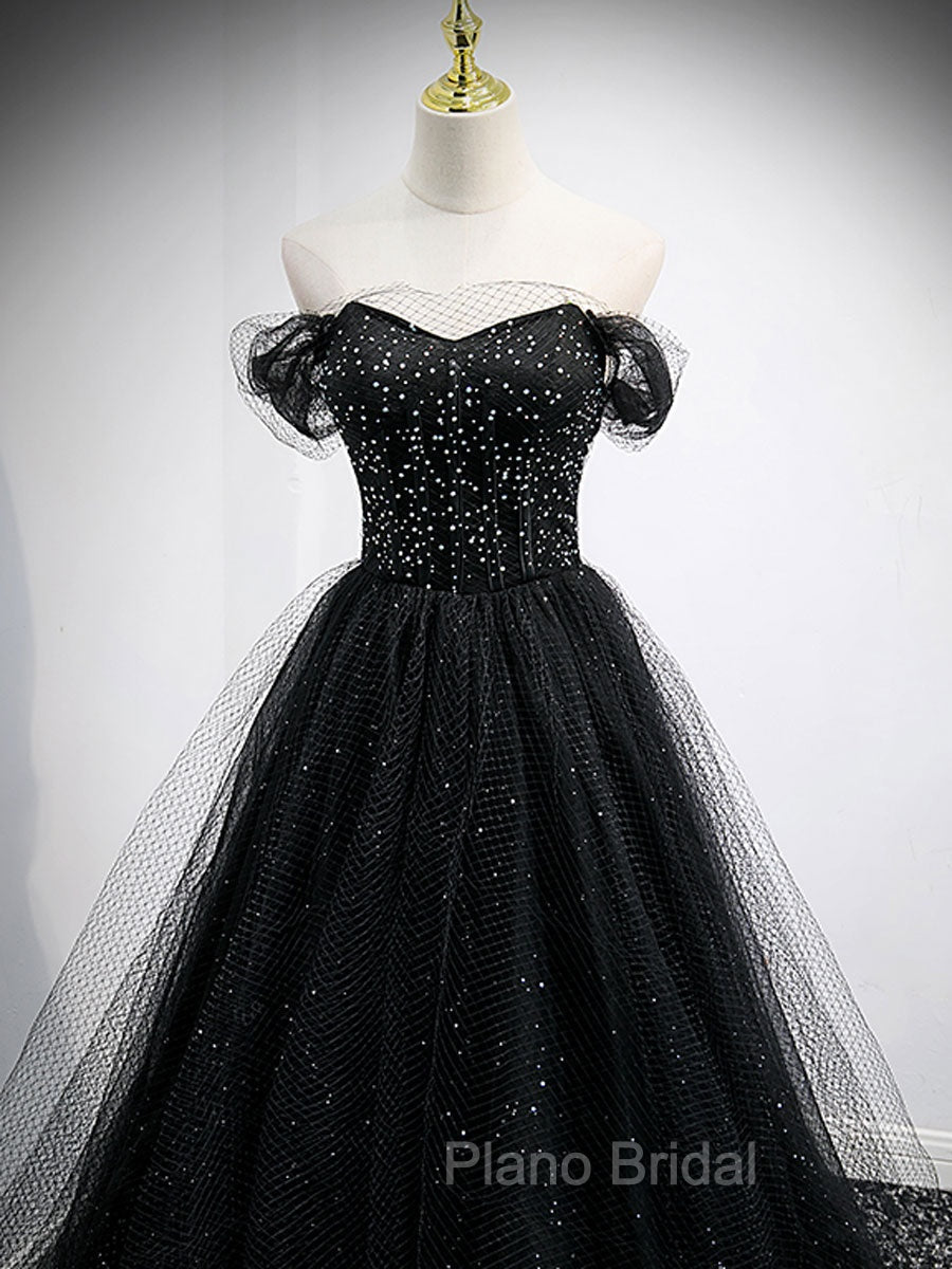 Black Sweetheart Off Shoulder Tulle Long Formal Prom Dresses, Black Evening Dresses