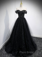 Black Sweetheart Off Shoulder Tulle Long Formal Prom Dresses, Black Evening Dresses