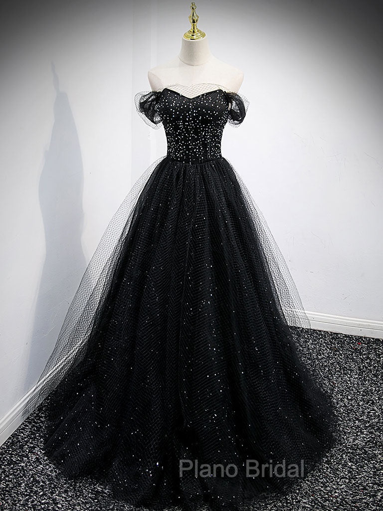 Black Sweetheart Off Shoulder Tulle Long Formal Prom Dresses, Black Evening Dresses