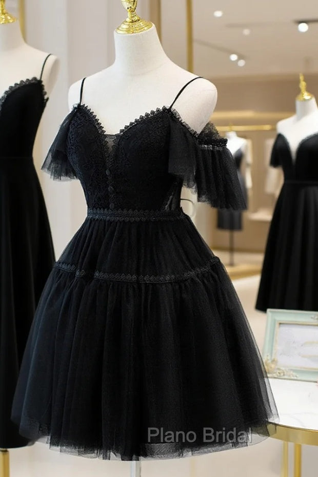 Black Sweetheart Straps Tulle Homecoming Dresses, Black Off Shoulder Formal Prom Dresses