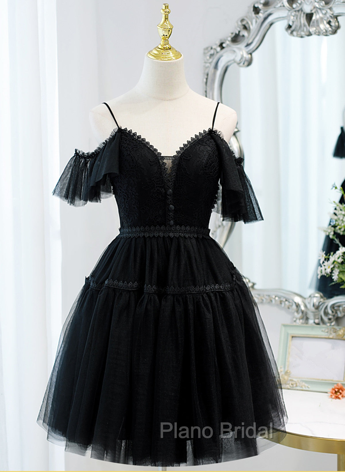 Black Sweetheart Straps Tulle Homecoming Dresses, Black Off Shoulder Formal Prom Dresses