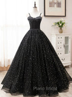 Black Sweetheart Straps Tulle Long Evening Gown, Sleeveless Floor-Length Formal Prom Dresses