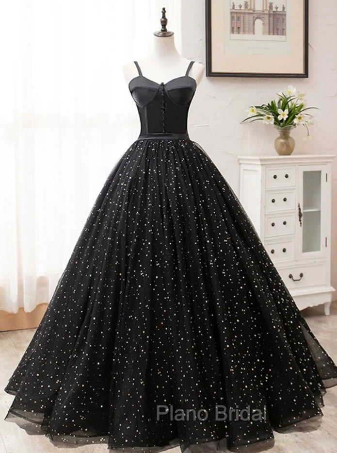 Black Sweetheart Straps Tulle Long Evening Gown, Sleeveless Floor-Length Formal Prom Dresses