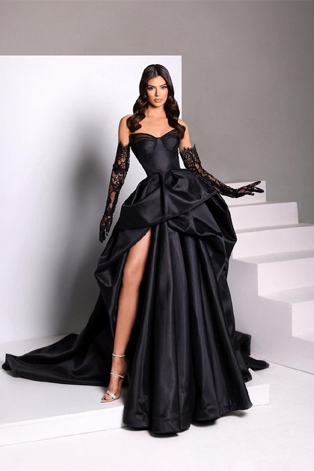 Black Fashion Sexy Taffeta Slit Long Elegant Ball Gown Formal Evening Dresses