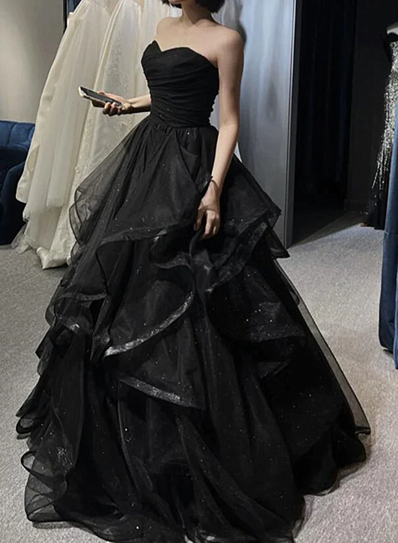 Black Sweetheart Tulle Long Formal Evening Gown, Black Party Dresses Formal Prom Dresses Main image