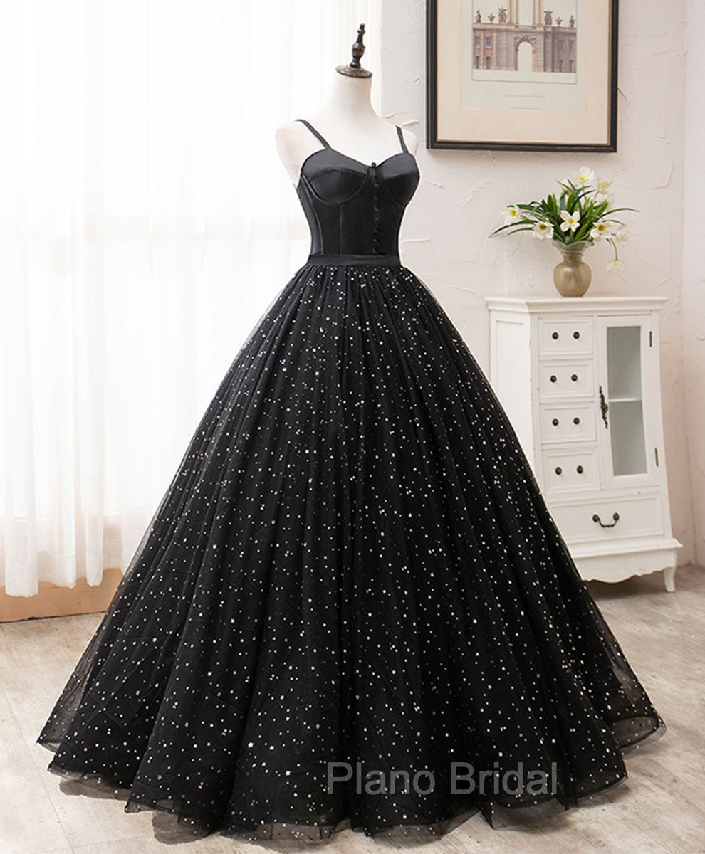 Black Sweetheart Tulle Long Formal Prom Dresses, Black Formal Sweet 16 Dresses