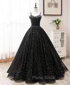 Black Sweetheart Tulle Long Formal Prom Dresses, Black Formal Sweet 16 Dresses