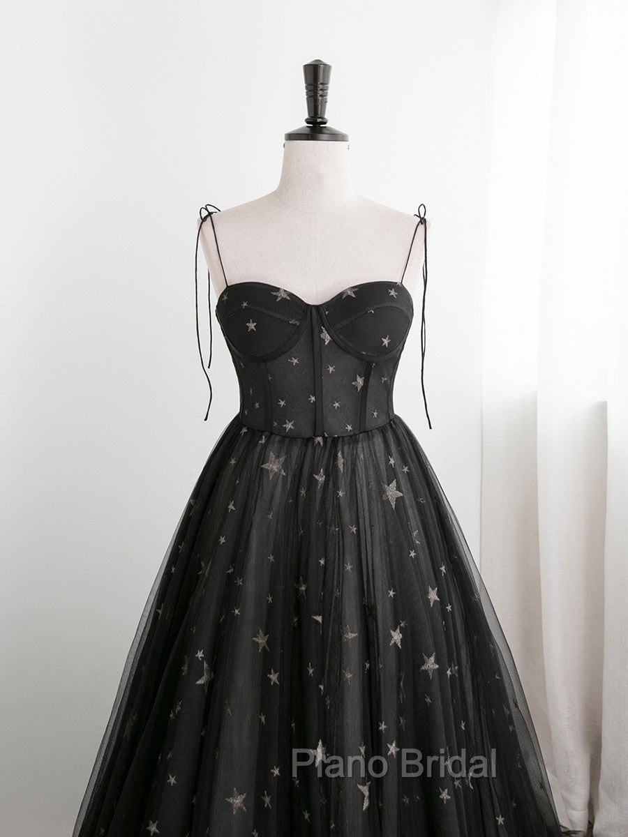 Black Sweetheart Tulle Straps Long Formal Dresses, Black Evening Party Dresses