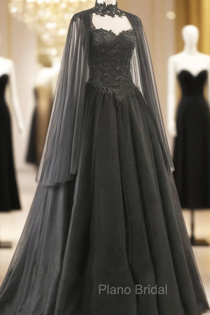 Black Sweetheart Tulle with Lace Long Sweet 16 Dresses, Black Formal Dresses with Cape