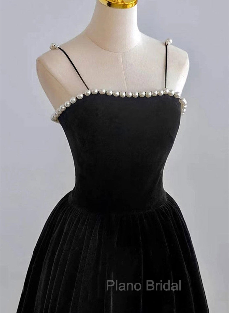 Black Tea Legnth Straps A-line Wedding Party Dresses, Black Bridesmaid Dresses Secondary image