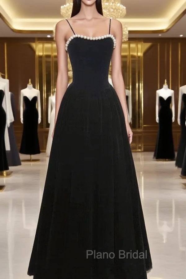 Black Tea Legnth Straps A-line Wedding Party Dresses, Black Bridesmaid Dresses Main image